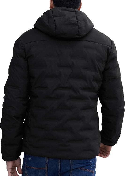 Men Puffer Jacket Winter down Coat Insulated with Hood for Winter Outdoor Hiking BLACK L