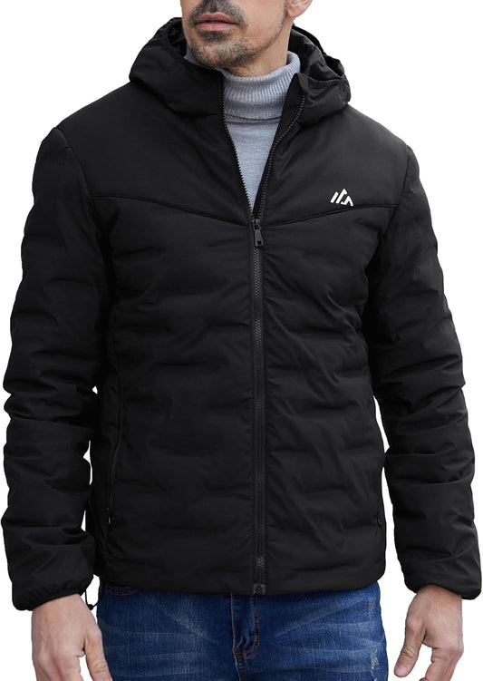 Men Puffer Jacket Winter down Coat Insulated with Hood for Winter Outdoor Hiking BLACK L
