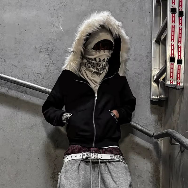 Fluffy Hat Hoodie Solid Color Casual Long Sleeve Hoodie Retro Coat Street Trend Y2K