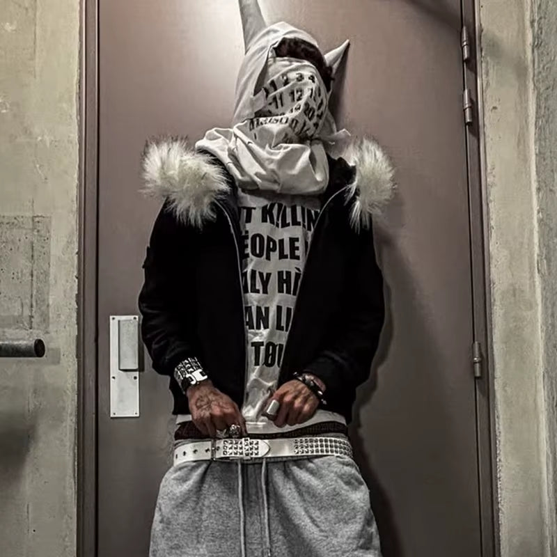 Fluffy Hat Hoodie Solid Color Casual Long Sleeve Hoodie Retro Coat Street Trend Y2K