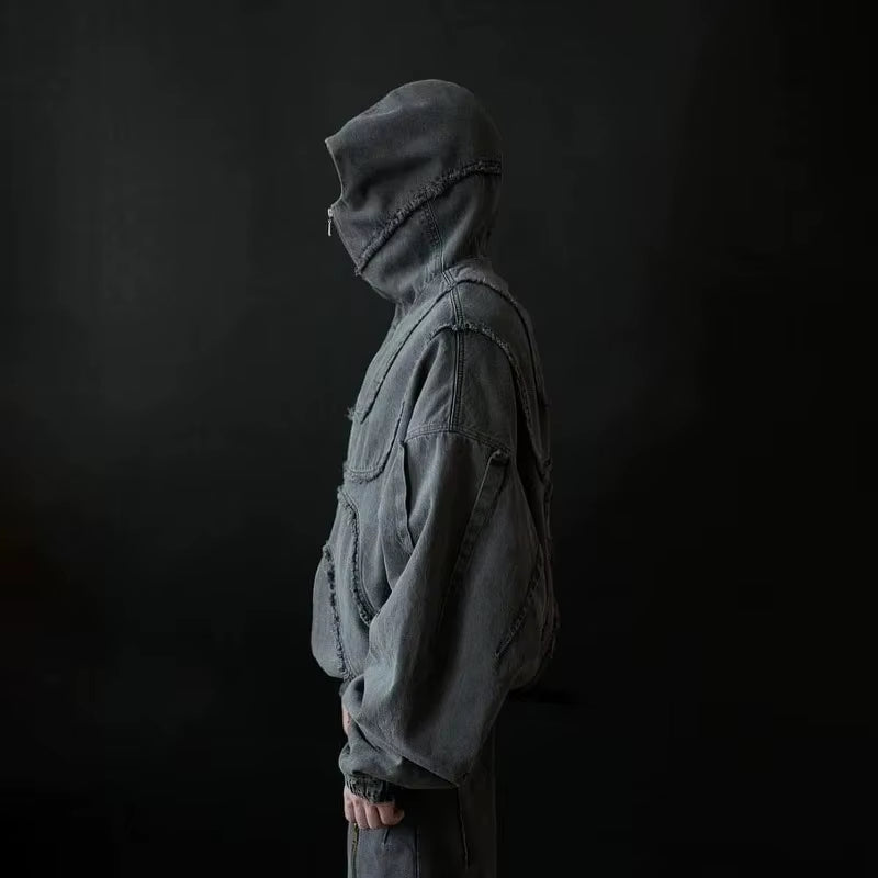 Washed Denim Jacket Y2K American Double Zipper Stitching Flanging Design Streetwear Gothic High Street Oversized Unisex Pullover