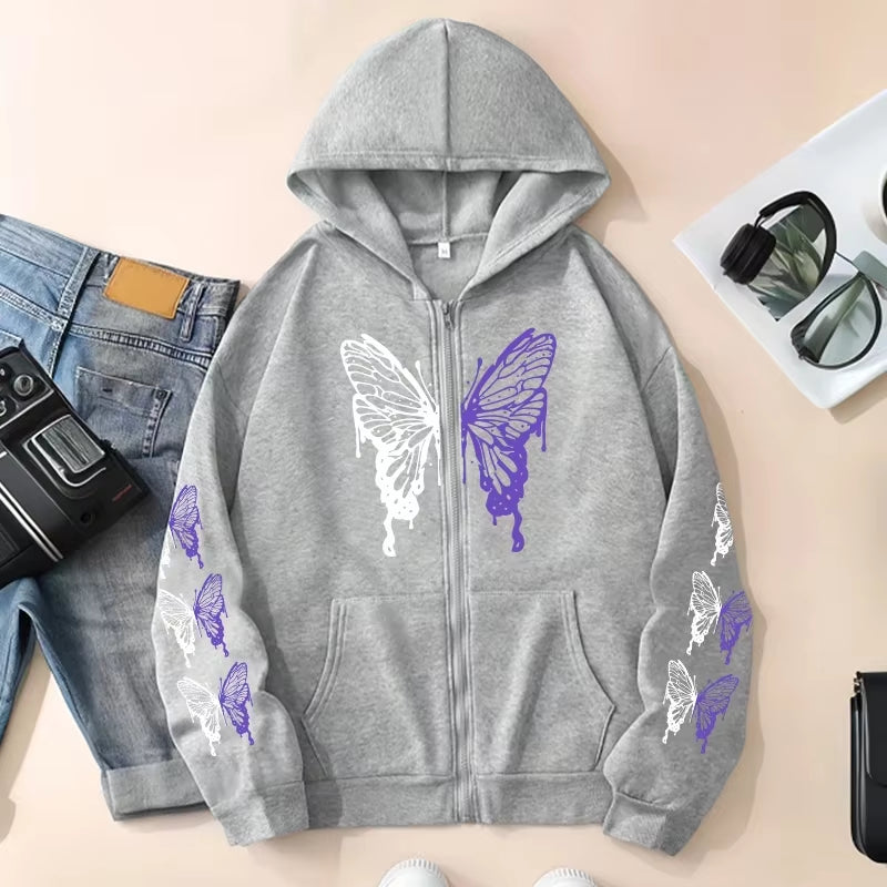 All Season Female Urban Casual Fashion Y2K Coats 2025 New Arrival Women'S Hoodie High Grade Butterfly Printed Zip-Up Sweatshirts