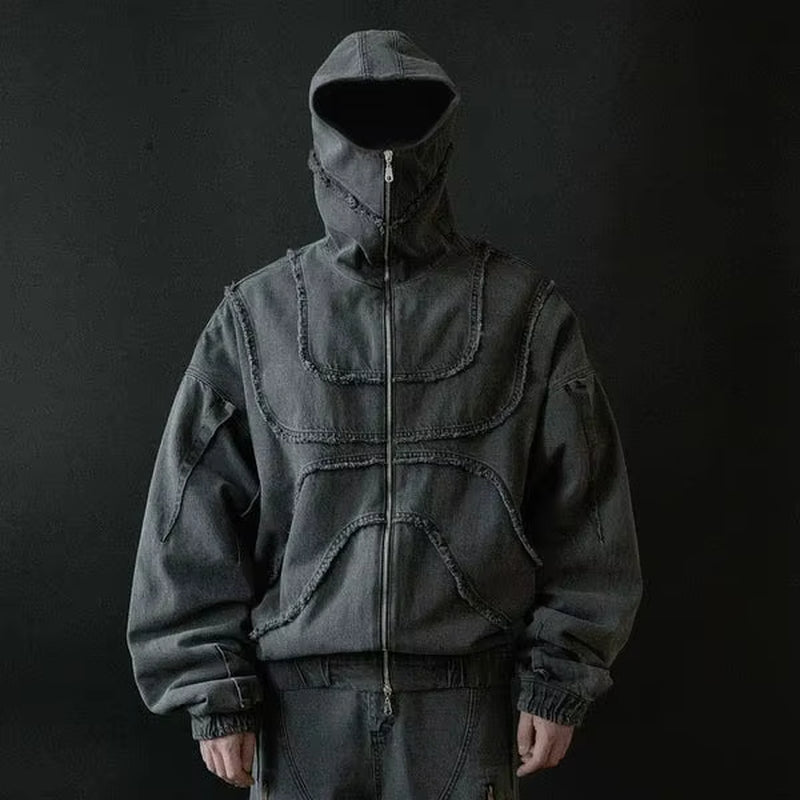 Washed Denim Jacket Y2K American Double Zipper Stitching Flanging Design Streetwear Gothic High Street Oversized Unisex Pullover