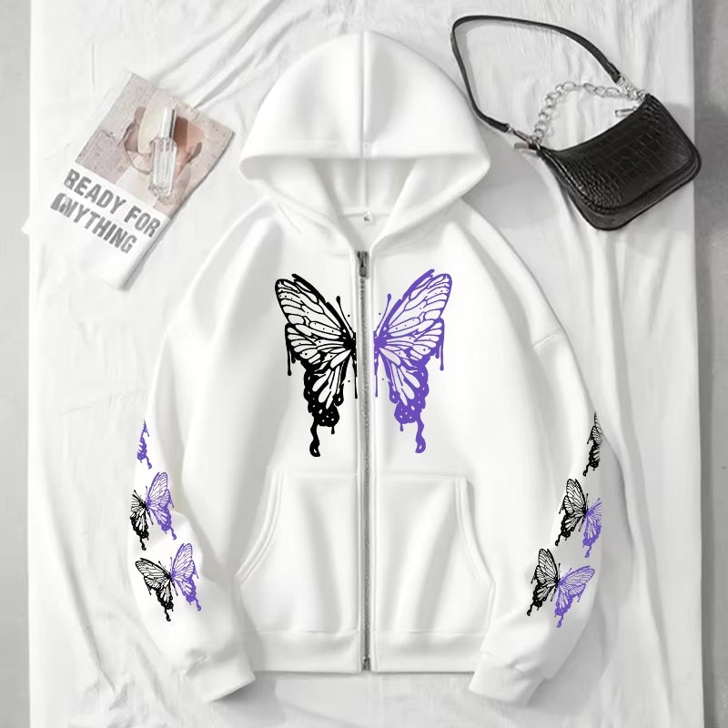 All Season Female Urban Casual Fashion Y2K Coats 2025 New Arrival Women'S Hoodie High Grade Butterfly Printed Zip-Up Sweatshirts