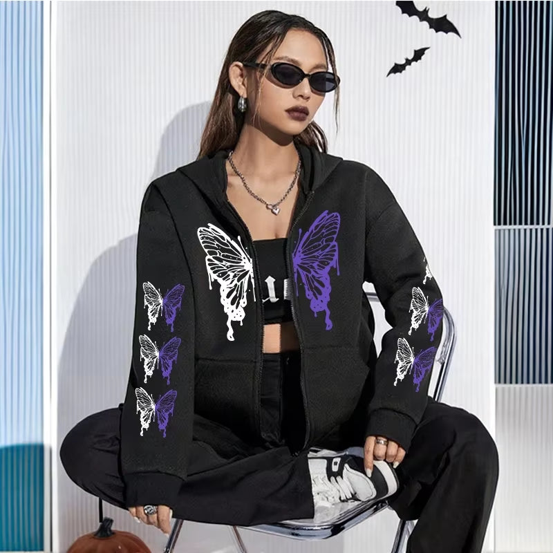 All Season Female Urban Casual Fashion Y2K Coats 2025 New Arrival Women'S Hoodie High Grade Butterfly Printed Zip-Up Sweatshirts