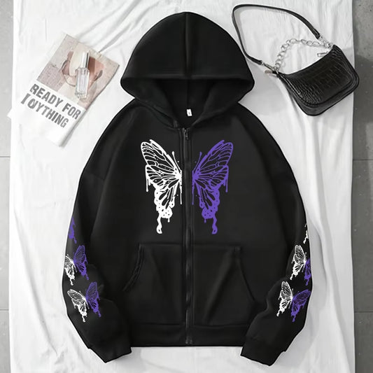 All Season Female Urban Casual Fashion Y2K Coats 2025 New Arrival Women'S Hoodie High Grade Butterfly Printed Zip-Up Sweatshirts