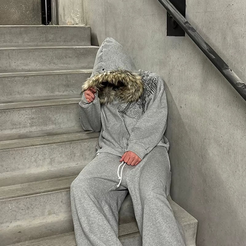 Fluffy Hat Hoodie Solid Color Casual Long Sleeve Hoodie Retro Coat Street Trend Y2K