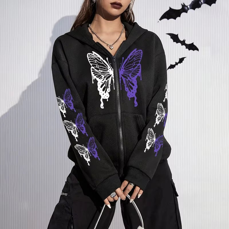 All Season Female Urban Casual Fashion Y2K Coats 2025 New Arrival Women'S Hoodie High Grade Butterfly Printed Zip-Up Sweatshirts