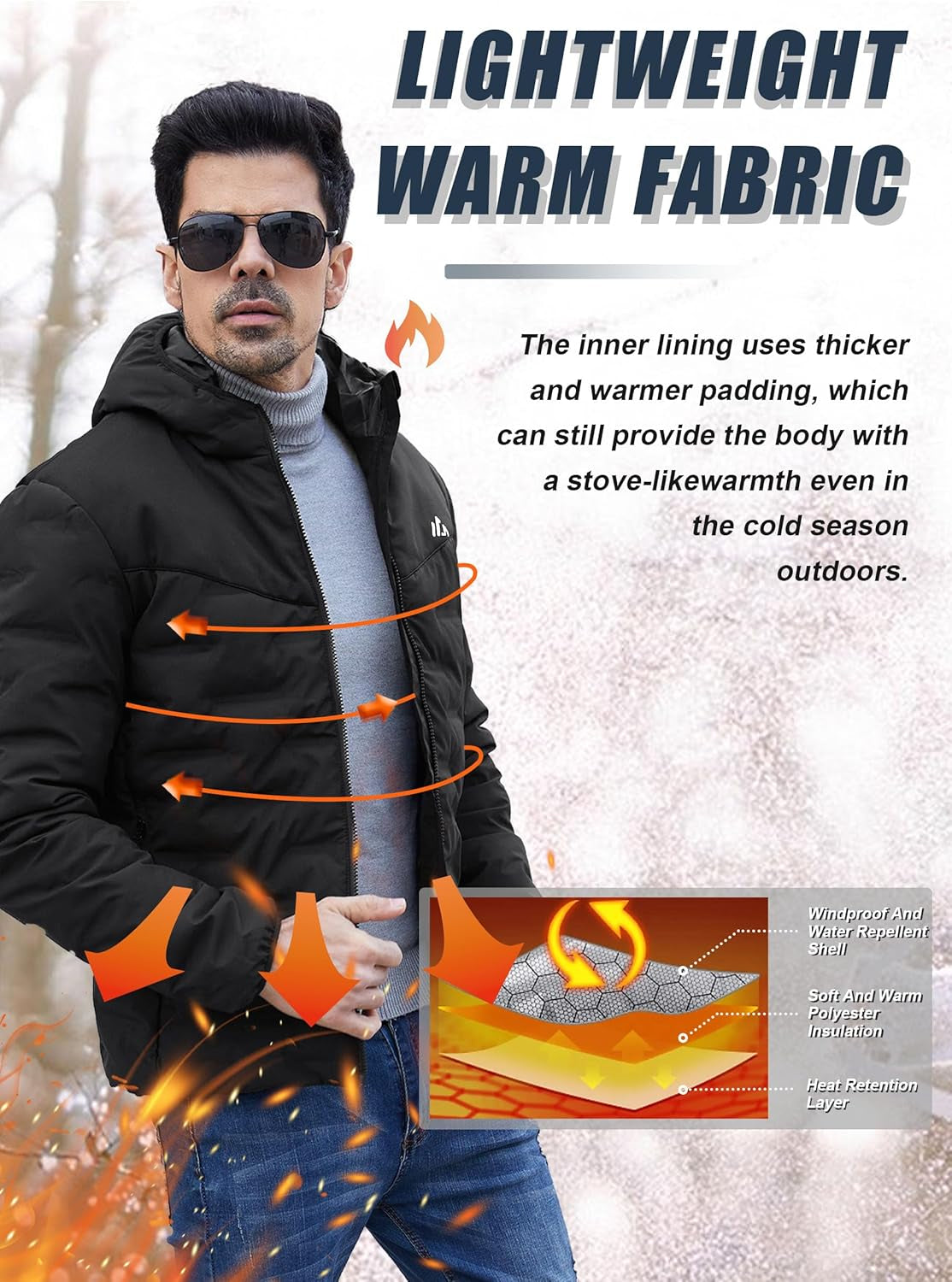 Men Puffer Jacket Winter down Coat Insulated with Hood for Winter Outdoor Hiking BLACK L