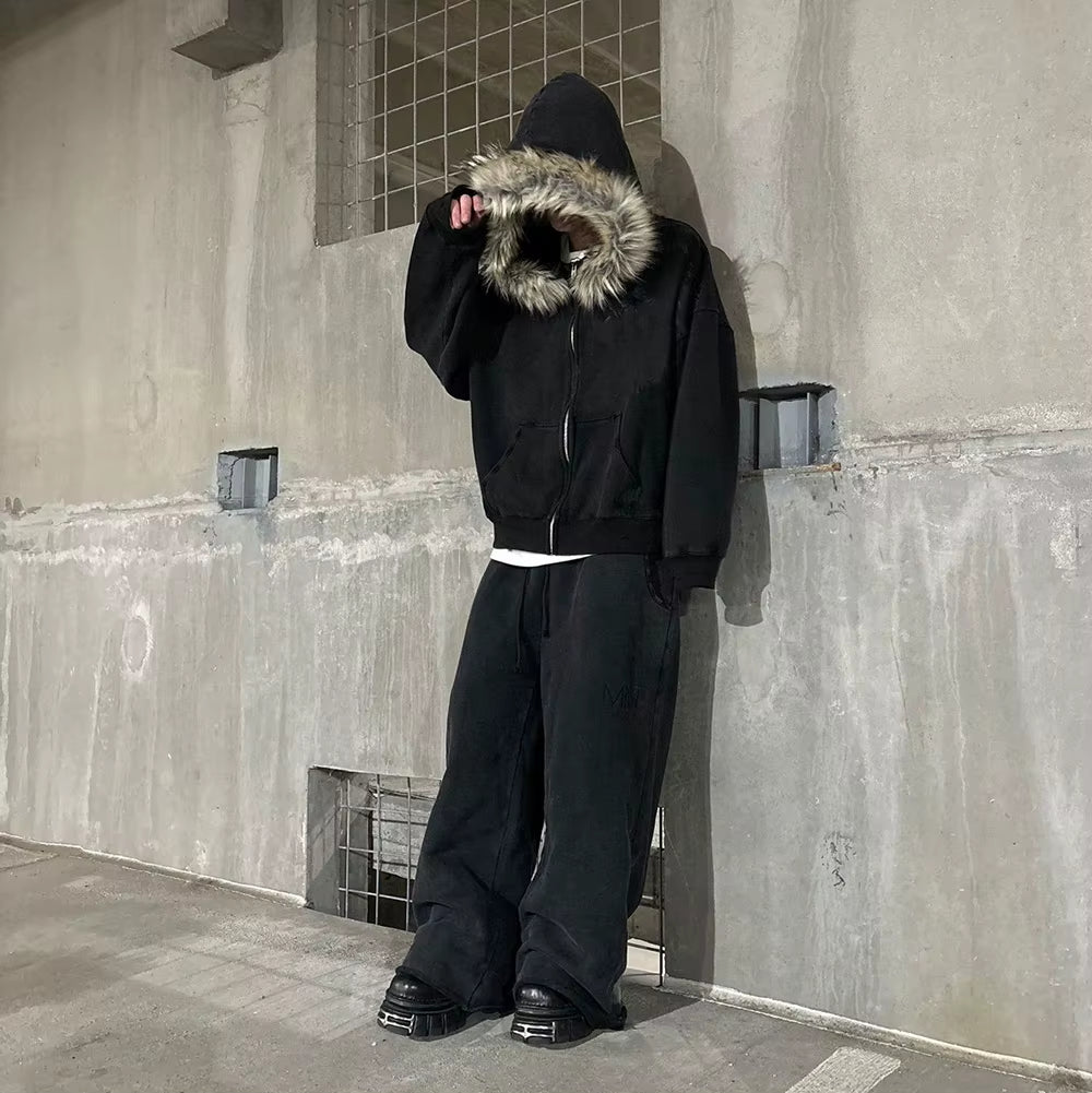 Fluffy Hat Hoodie Solid Color Casual Long Sleeve Hoodie Retro Coat Street Trend Y2K