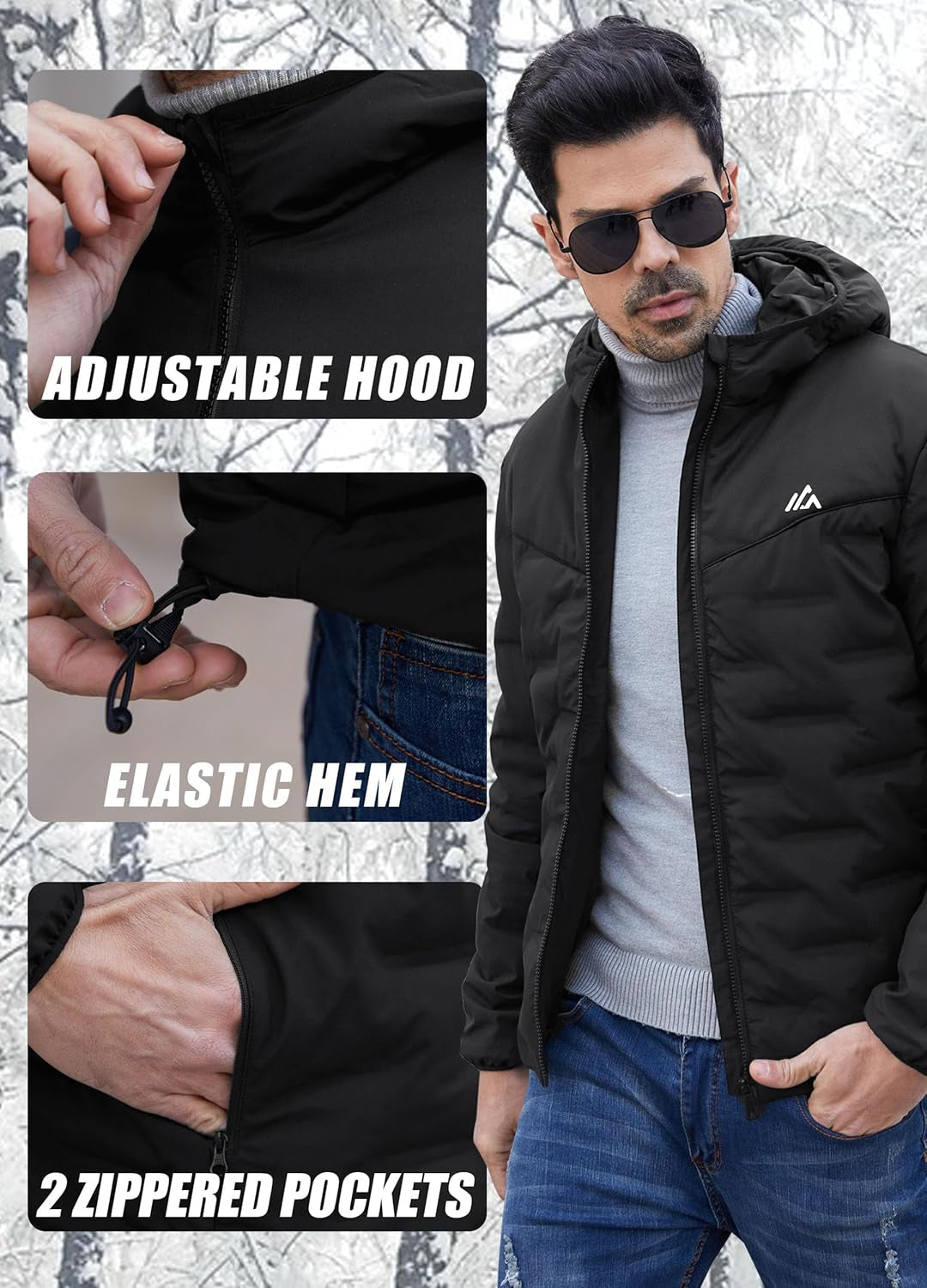 Men Puffer Jacket Winter down Coat Insulated with Hood for Winter Outdoor Hiking BLACK L